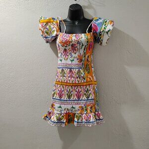 Mango -S- Dress With Puff Sleeves-colorful tropical-mini dress furrowed knitting